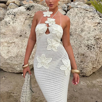 Rückenfreies Blumen-Strickkleid Damen – Slim Fit Sommer Strand Elegant