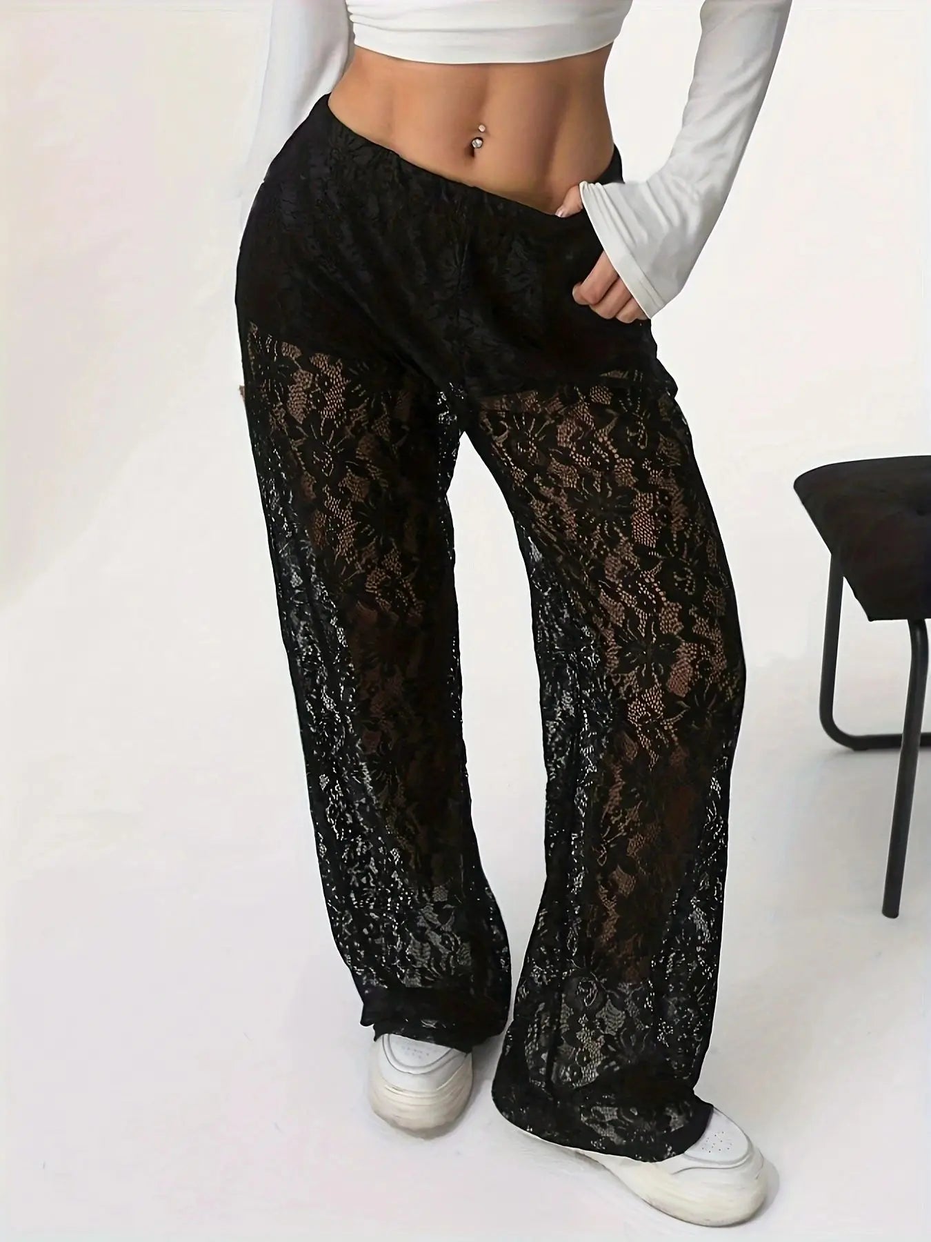 Transparente Spitzen-Hose Damen – Gerade Schnitt Jacquard Elegant Street Style