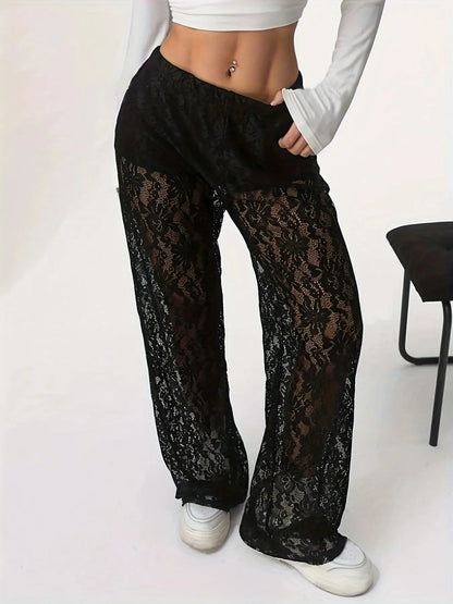 Transparente Spitzen-Hose Damen – Gerade Schnitt Jacquard Elegant Street Style