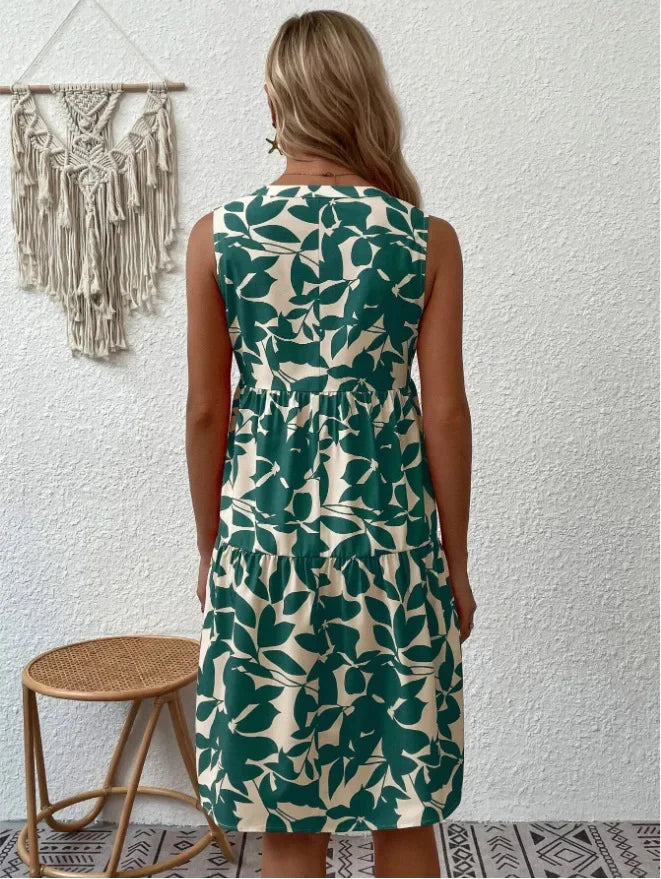 Damen Boho-Kleid mit Print, ärmellos, V-Ausschnitt