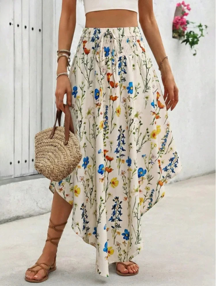 Damen Boho Maxi Rock mit Print Hoher Bund Strandrock