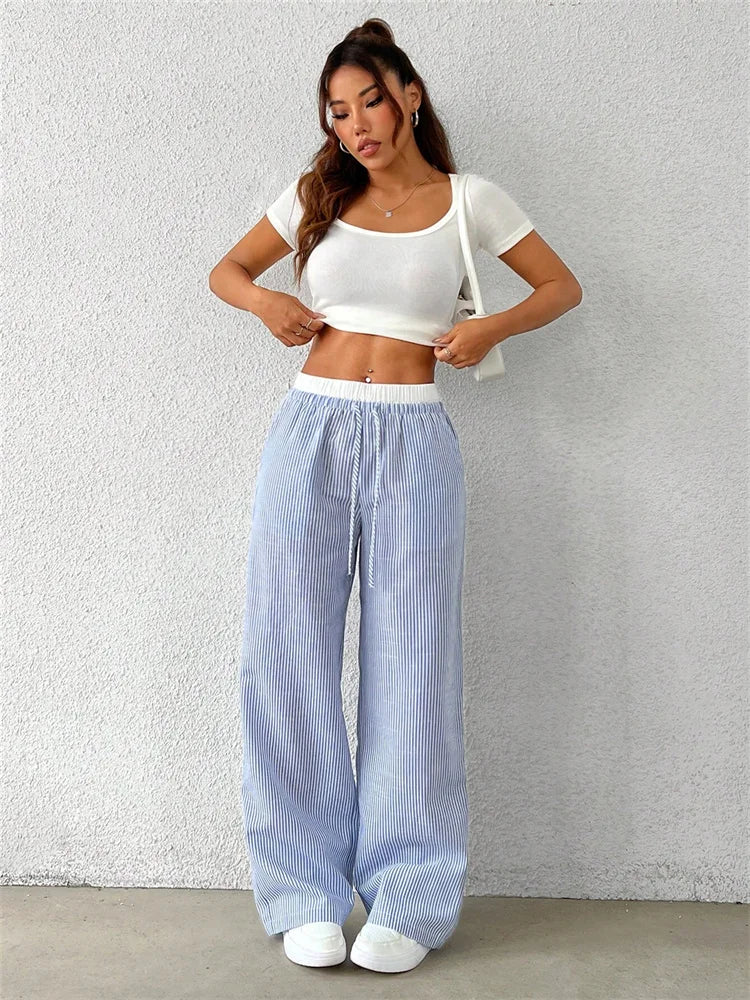 Gestreifte Wide-Leg Hose Damen – Y2K Casual Streetwear Herbst/Winter