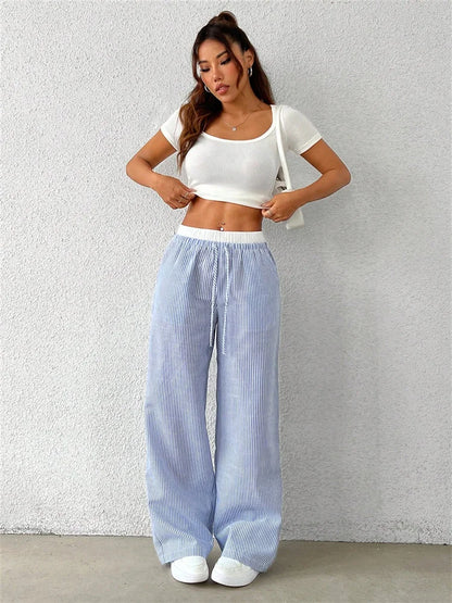 Gestreifte Wide-Leg Hose Damen – Y2K Casual Streetwear Herbst/Winter