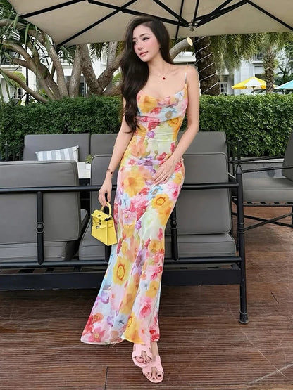 Blumen-Maxi-Trägerkleid Damen – Tief-V Ärmellos High-Waist Sommerkleid