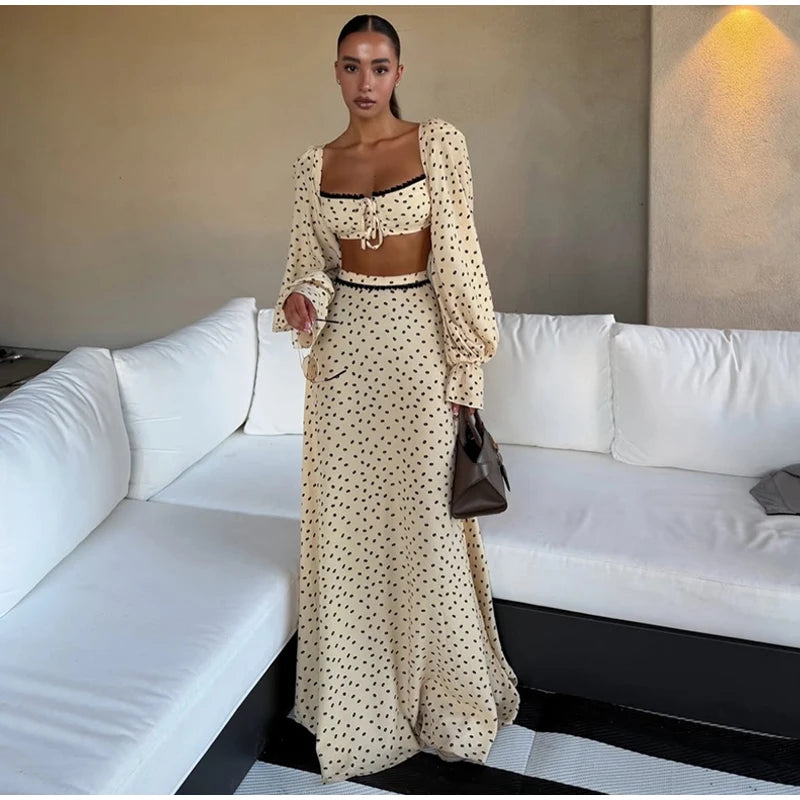 Polka-Dot-Set Damen – Laternenhülsen-Top & Trompetenrock Elegant Sommer