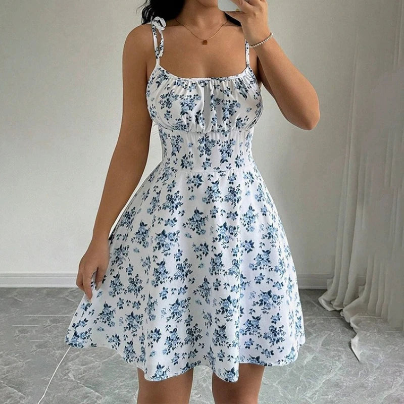 Blumen Strandkleid Damen – Kurzes Sommerkleid mit Spaghettiträgern