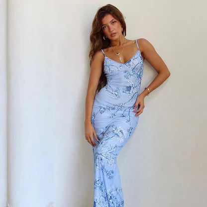 Damen Trägerkleid V-Ausschnitt Bedruckt Rückenfrei Sommerkleid