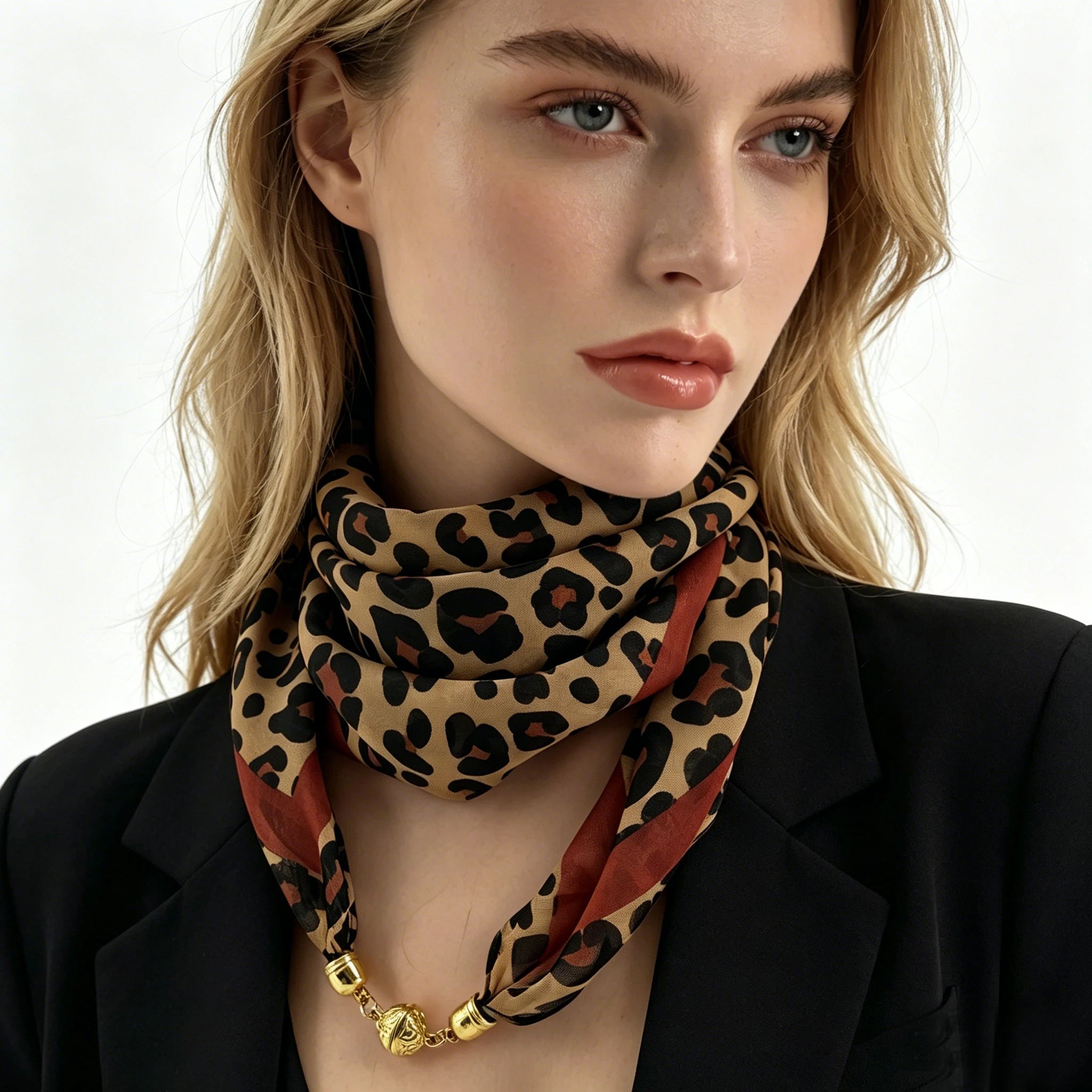 Leo-Print Chiffon-Halstuch mit Magnetverschluss - JWANOFFIZIELL