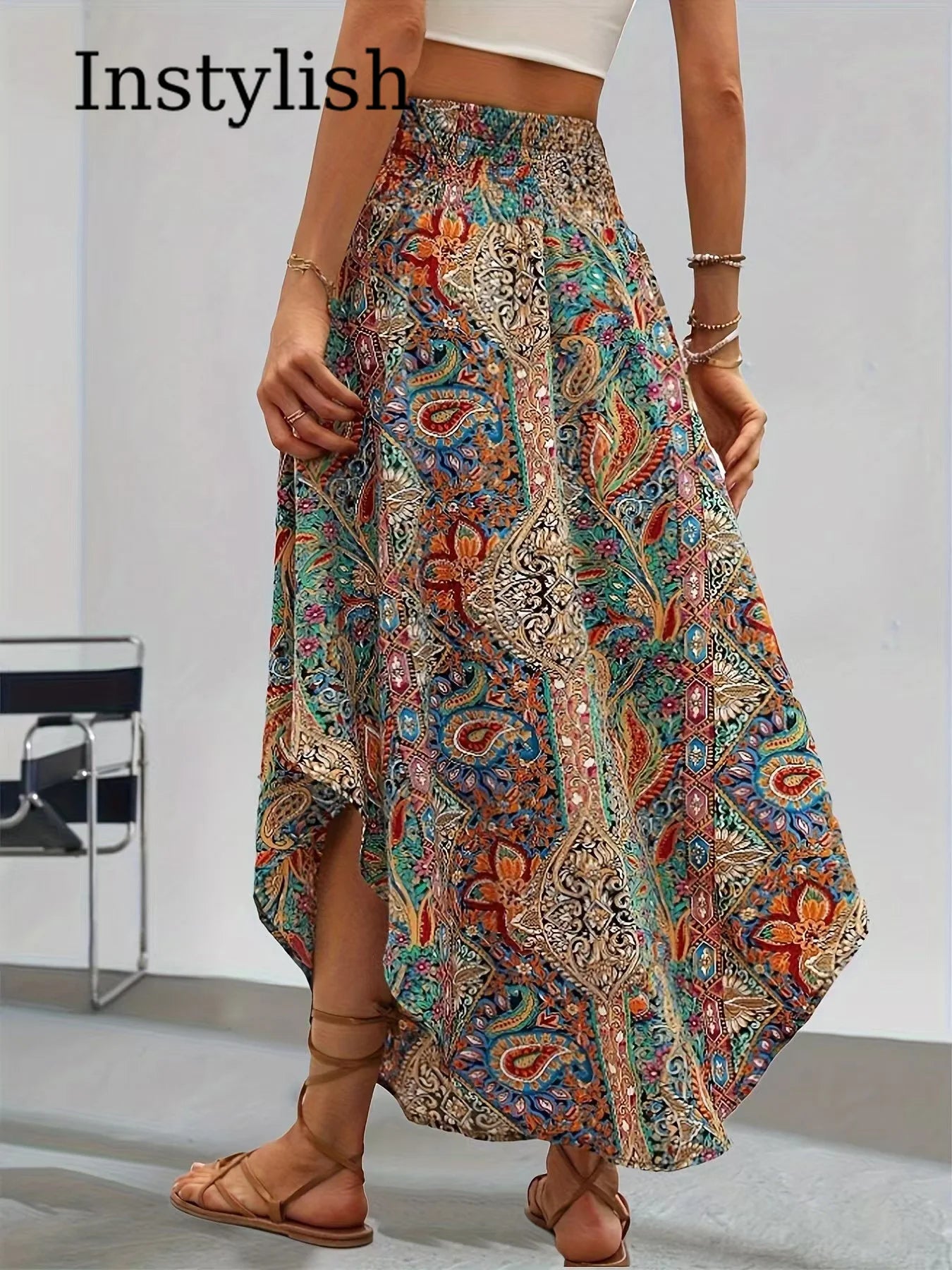 Damen Boho Maxi Rock mit Print Hoher Bund Strandrock