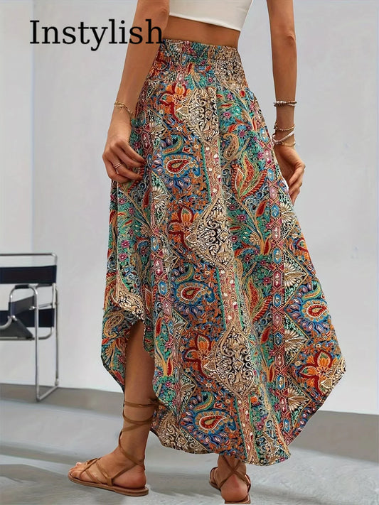 Damen Boho Maxi Rock mit Print Hoher Bund Strandrock
