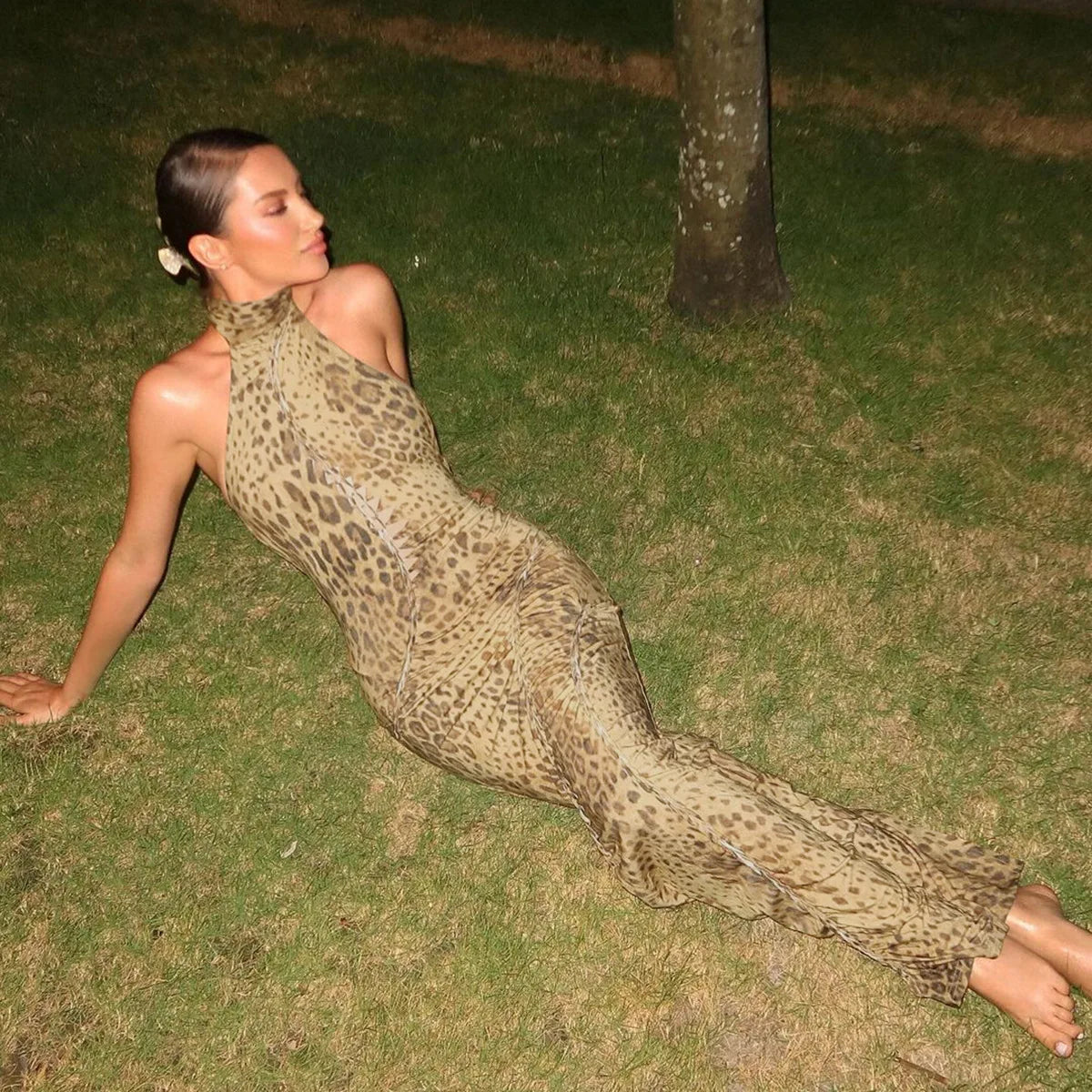 Damen Leopard Neckholder Maxi Kleid mit Bandage