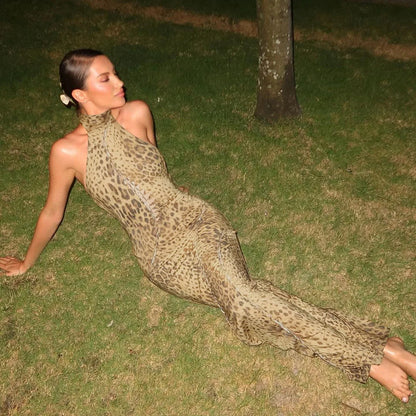 Damen Leopard Neckholder Maxi Kleid mit Bandage
