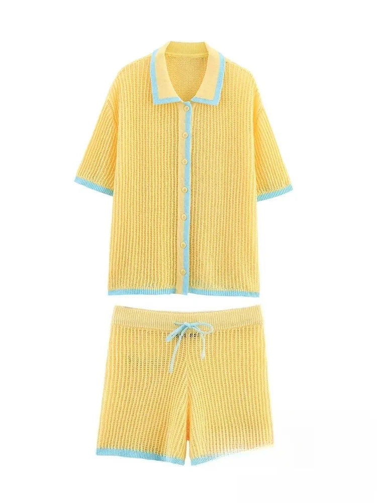 Häkel-Strick-Set Damen – Hollow-Out Cardigan & Shorts Sommer Urlaub