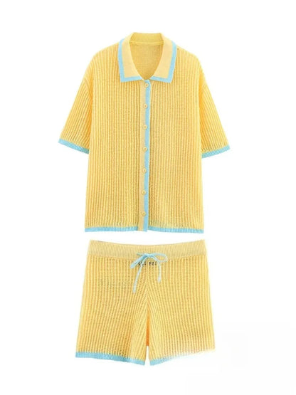 Häkel-Strick-Set Damen – Hollow-Out Cardigan & Shorts Sommer Urlaub