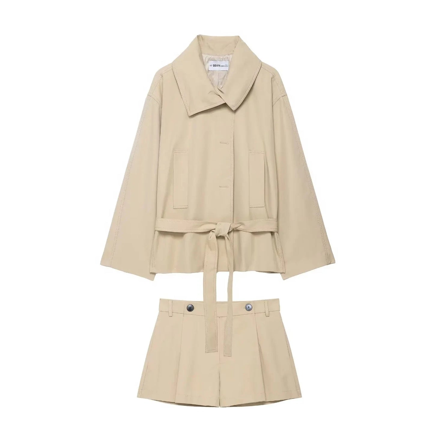 Elegantes Windbreaker-Set mit Gürtel – Taillierter Trenchcoat & Shorts für Business & Street