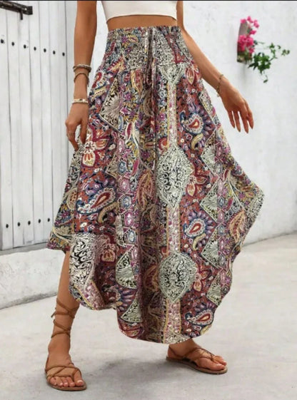 Damen Boho Maxi Rock mit Print Hoher Bund Strandrock