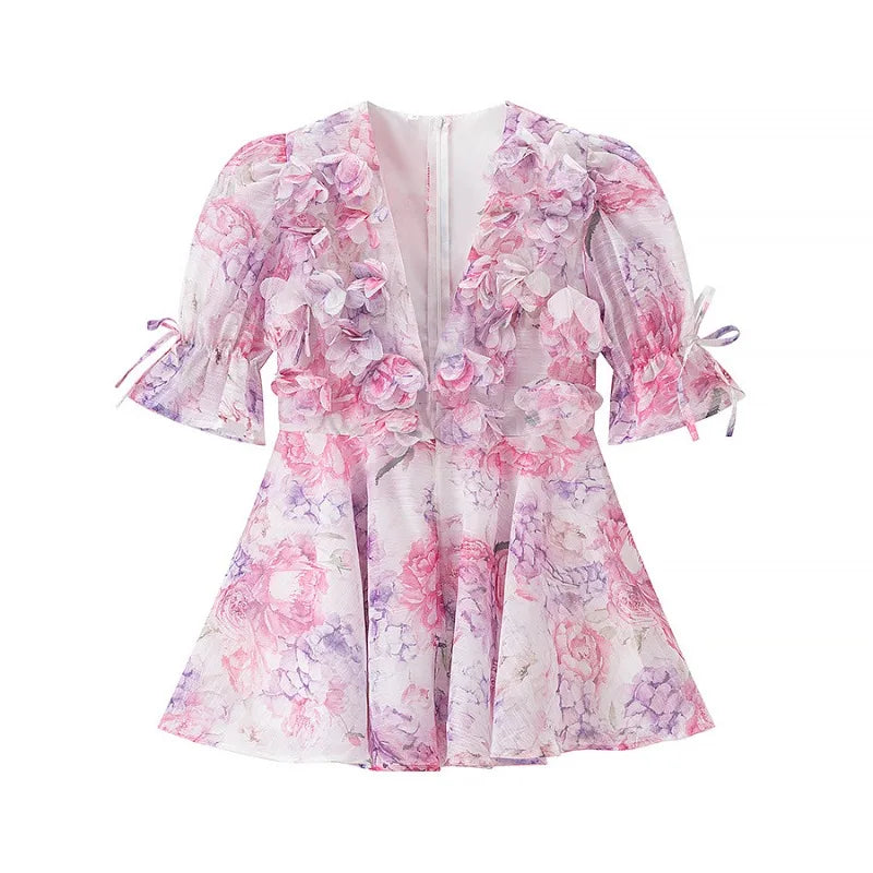3D-Blüten Fairy-Minikleid mit Puffärmeln - JWANOFFIZIELL