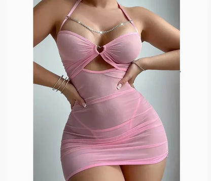 Women Lingerie Set Mesh Nightgown with Chain & Thong