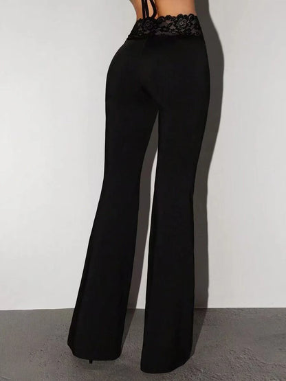 Schwarze Low-Waist-Schlaghose Damen – Spitzen-Details Slim Fit Figurformend
