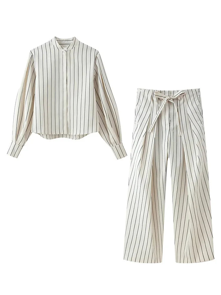 Beige Streifen-Set Puffärmel-Hemd & Hose - JWANOFFIZIELL