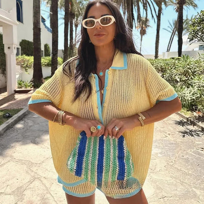 Häkel-Strick-Set Damen – Hollow-Out Cardigan & Shorts Sommer Urlaub