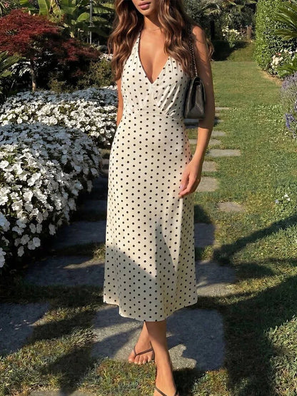 Damen Polka Dot Neckholder Maxi Kleid Rückenfreie Schnürung