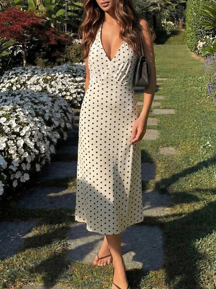 Damen Polka Dot Neckholder Maxi Kleid Rückenfreie Schnürung