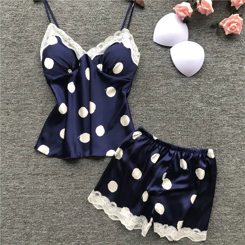 Damen Polka Dot Satin Cami Shorts Set mit Polsterung