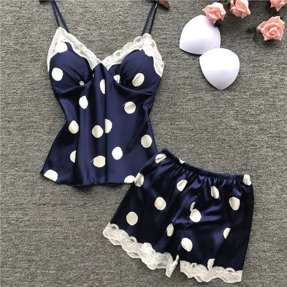 Damen Polka Dot Satin Cami Shorts Set mit Polsterung