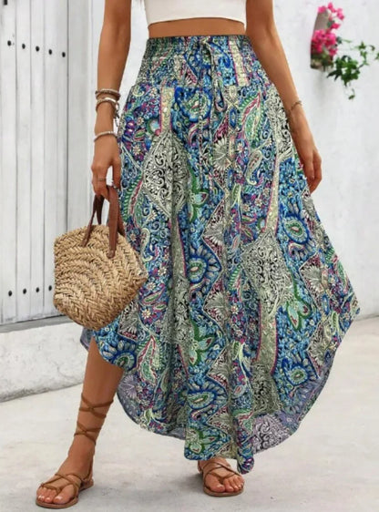 Damen Boho Maxi Rock mit Print Hoher Bund Strandrock