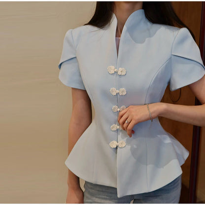 China-Style Kurzarm-Blazer Damen – Stehkragen mit Froschknöpfen