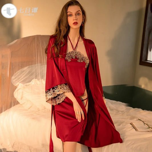 Damen Luxus Satin-Spitzen-Dessous-Set 3-teilig Rot