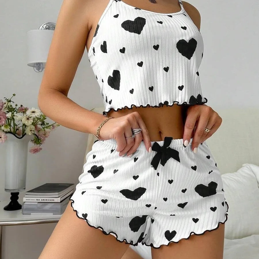 Damen Herzdruck Rippstrick Cami Top & Rüschen Shorts Schlafanzug