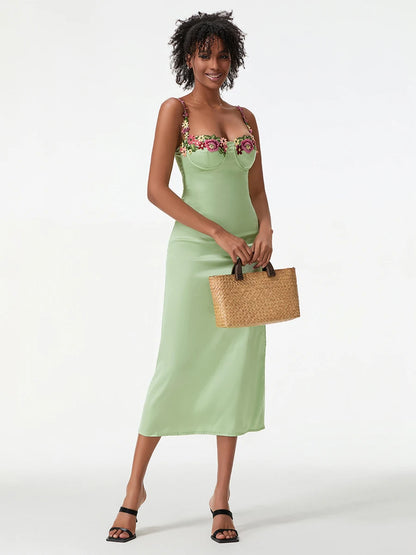 Damen Satin Bodycon Kleid mit Blumenstickerei