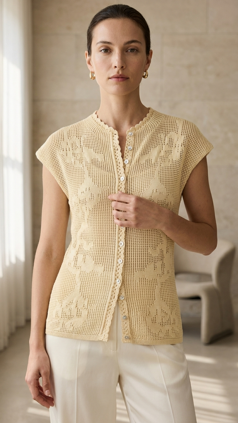 JWANOFFIZIELL women's hollow-out knit vest, stylish Damenoberteile with intricate cut-out details, worn by a model in a photoshoot.