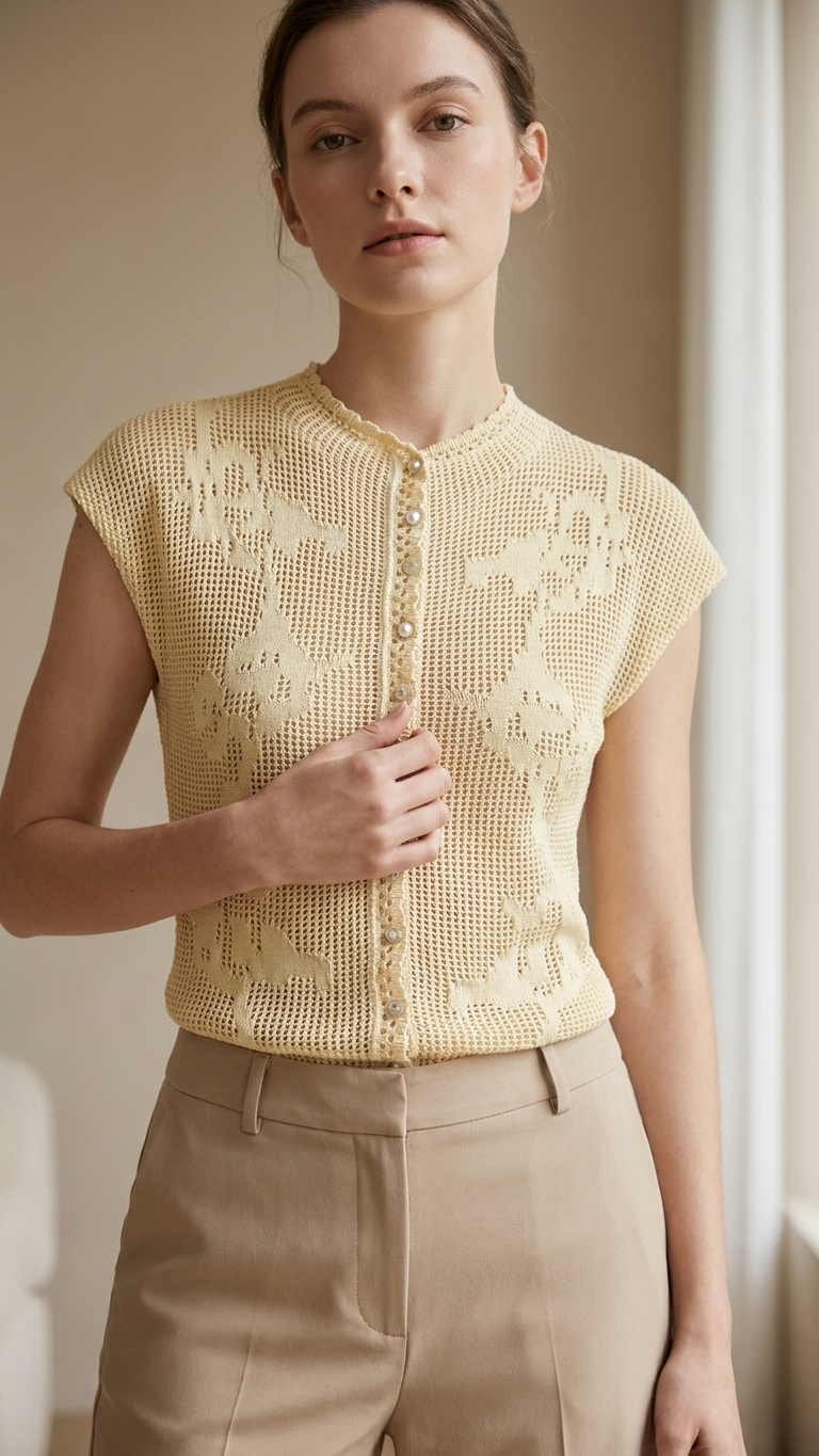 JWANOFFIZIELL women's hollow-out knit vest, stylish Damenoberteile with intricate pattern, shown in a fashion photoshoot image.