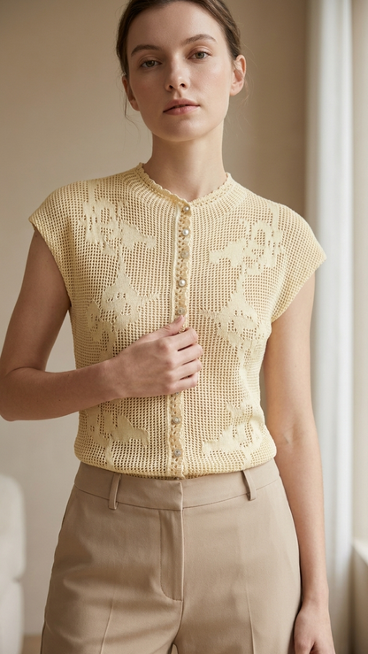 JWANOFFIZIELL women's hollow-out knit vest, stylish Damenoberteile with intricate pattern, shown in a fashion photoshoot image.